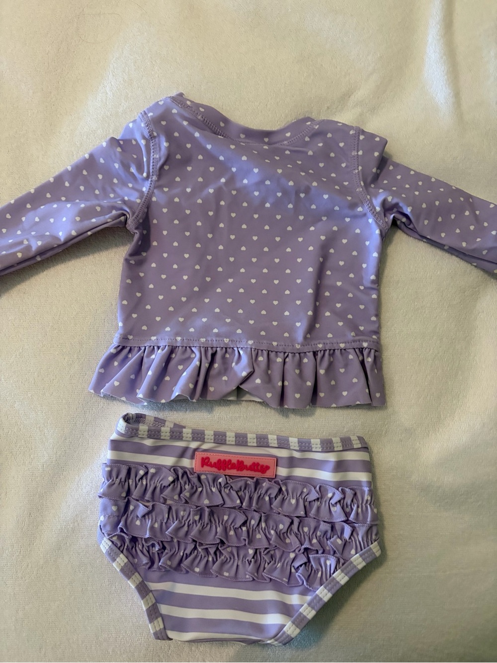 NWT Ruffle Butts Lavender Polka Dot Ruffle Rash Guard Set - Picture 2 of 3